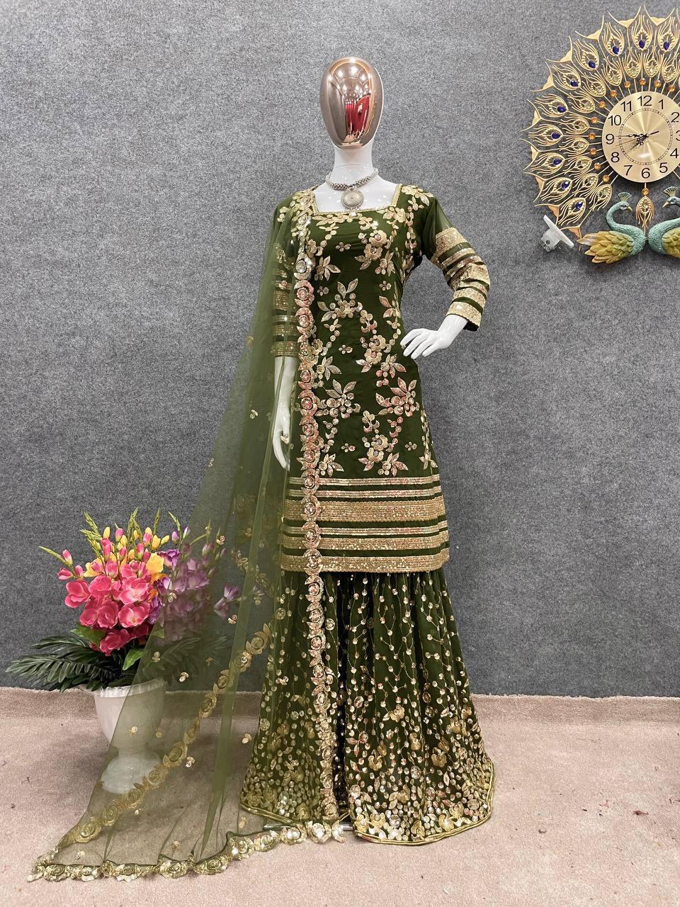 Olive Georgette Embroidery Salwar Suit With Dupatta Set - Indiakreations