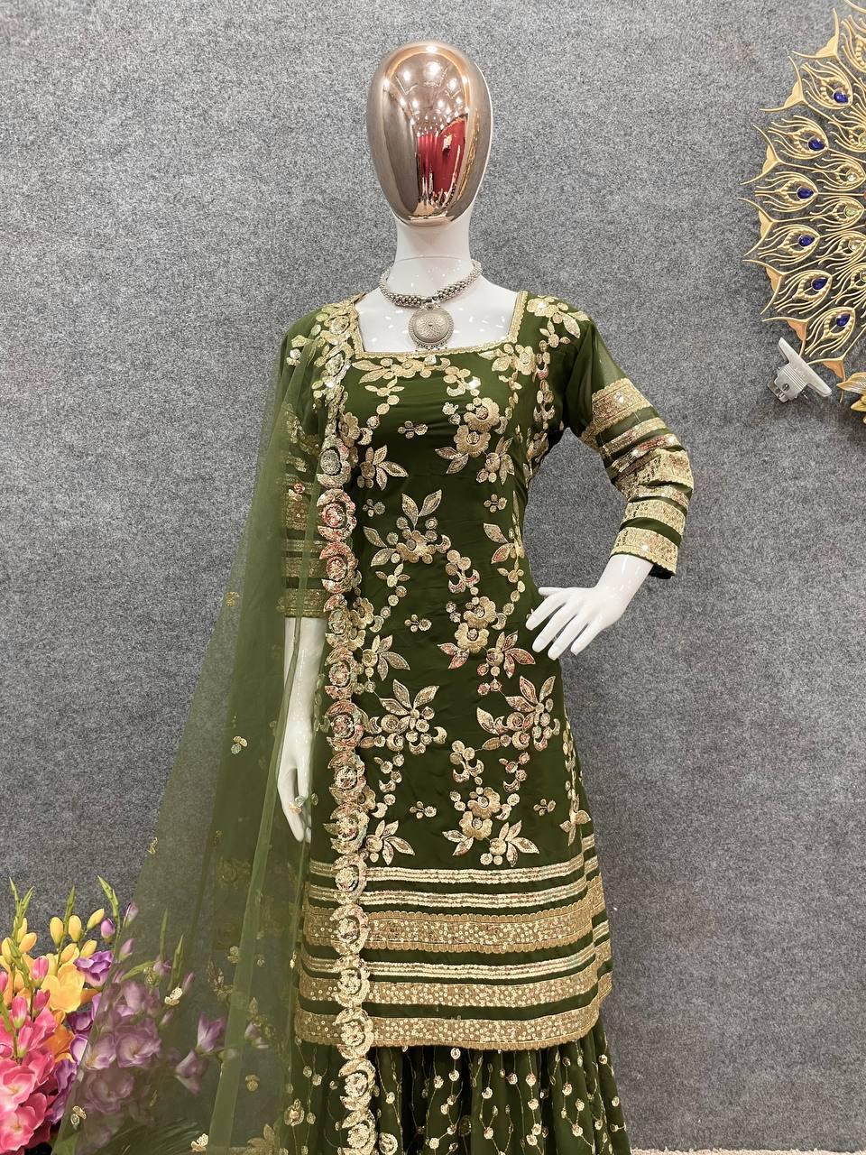 Olive Georgette Embroidery Salwar Suit With Dupatta Set - Indiakreations