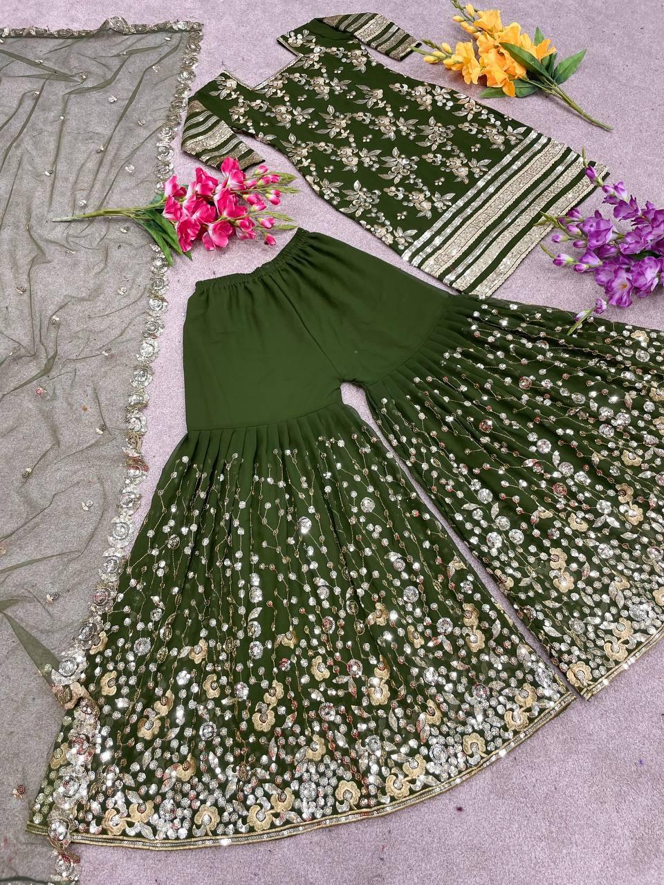 Olive Georgette Embroidery Salwar Suit With Dupatta Set - Indiakreations