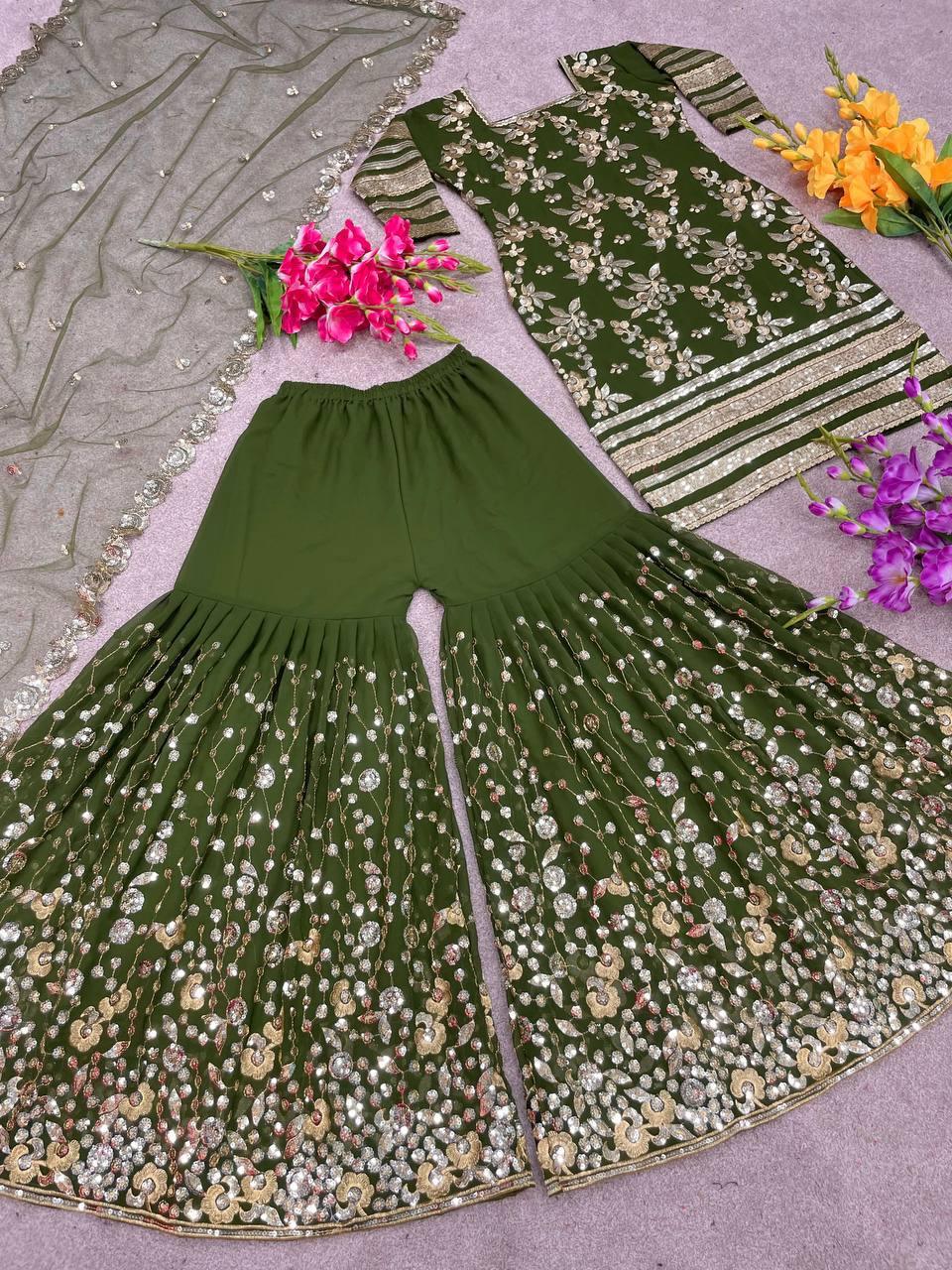 Olive Georgette Embroidery Salwar Suit With Dupatta Set - Indiakreations