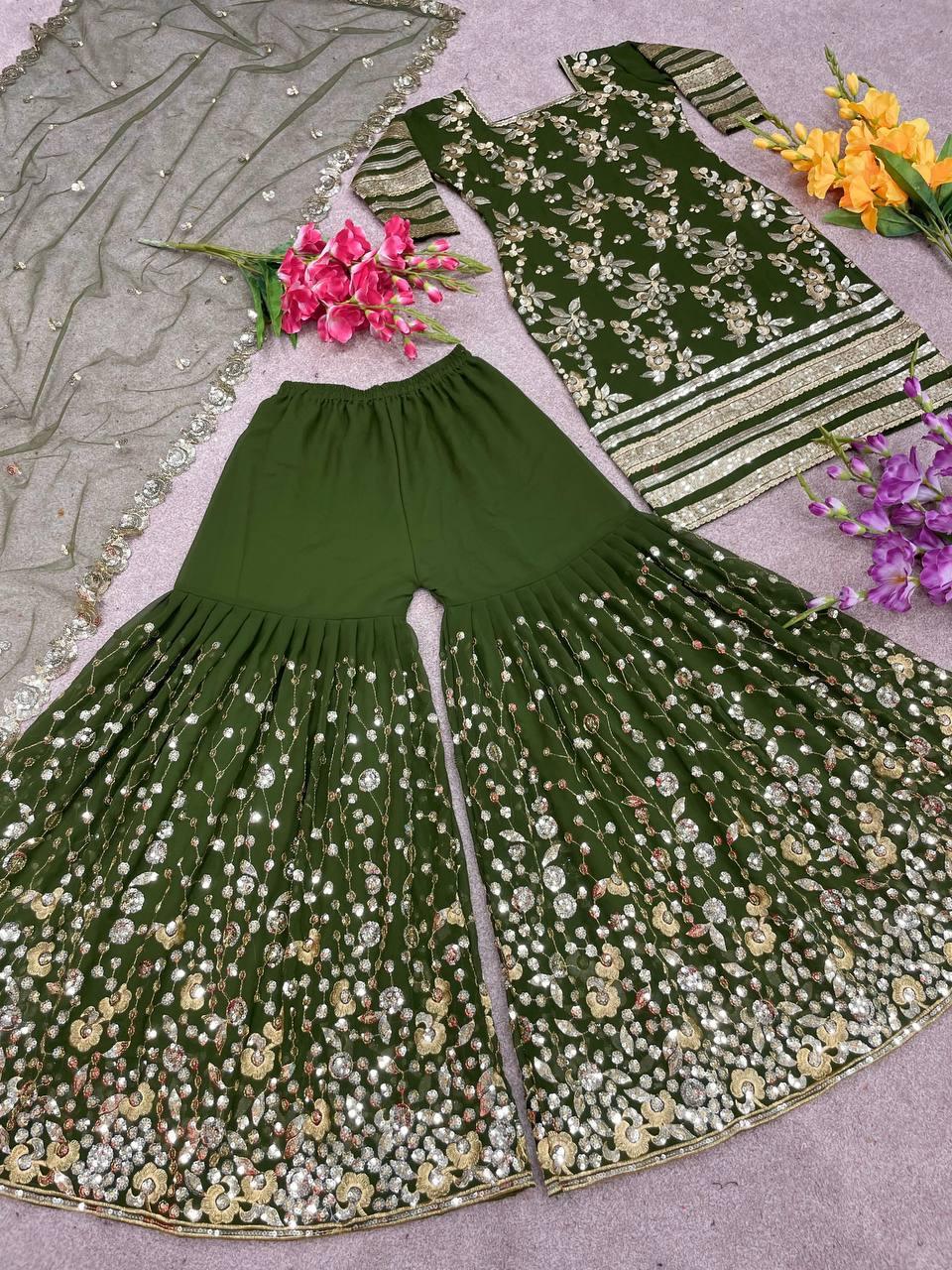 Olive Georgette Embroidery Salwar Suit With Dupatta Set - Indiakreations