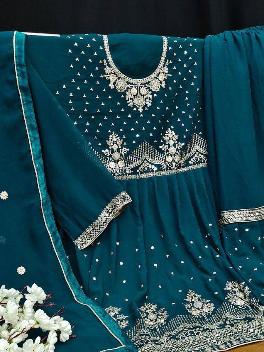 Teal Blue Georgette Embroidery Anarkali with Dupatta Set - Indiakreations