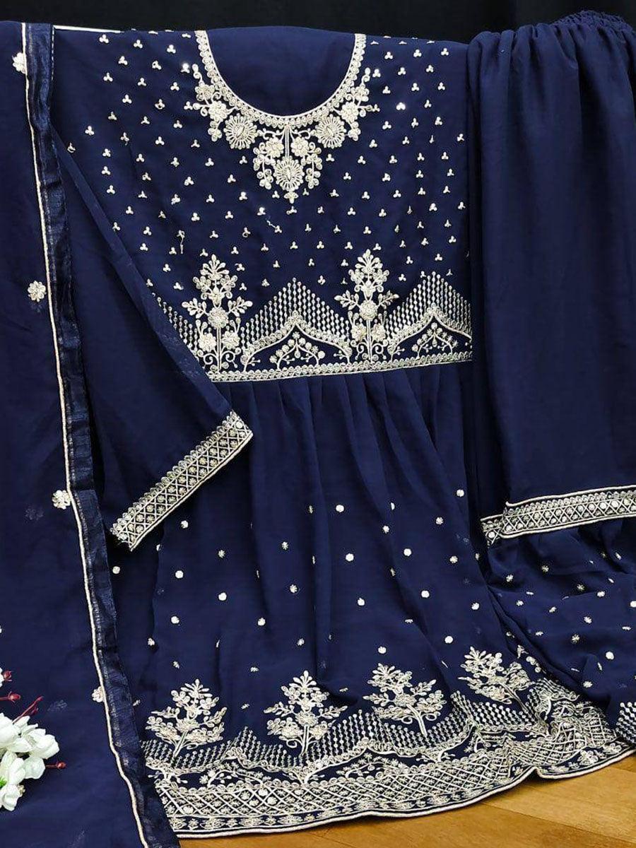 Royal Blue Georgette Embroidery Anarkali with Dupatta Set - Indiakreations