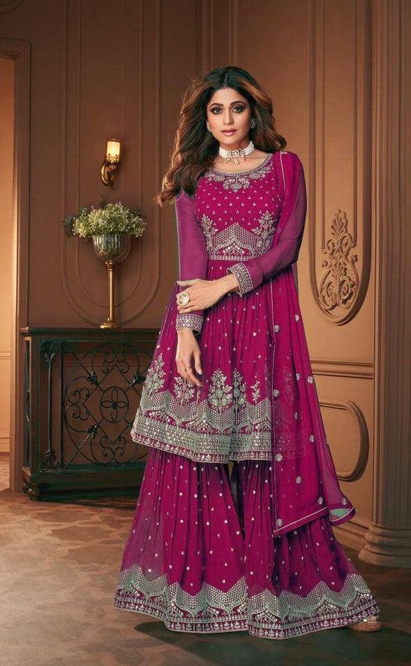 Magenta Purple Georgette Embroidery Anarkali with Dupatta Set - Indiakreations