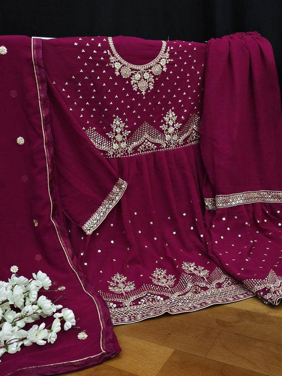 Magenta Purple Georgette Embroidery Anarkali with Dupatta Set - Indiakreations