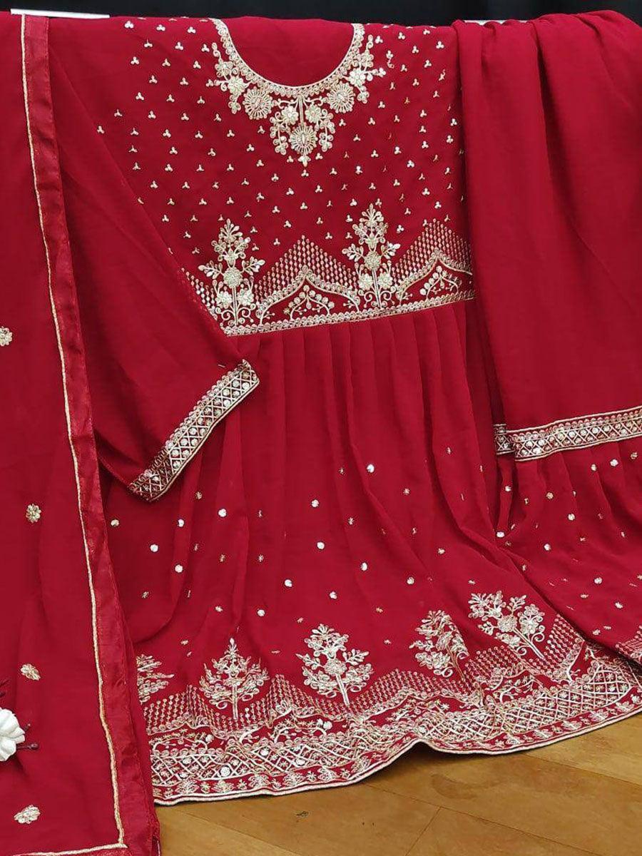 Red Georgette Embroidery Anarkali with Dupatta Set - Indiakreations