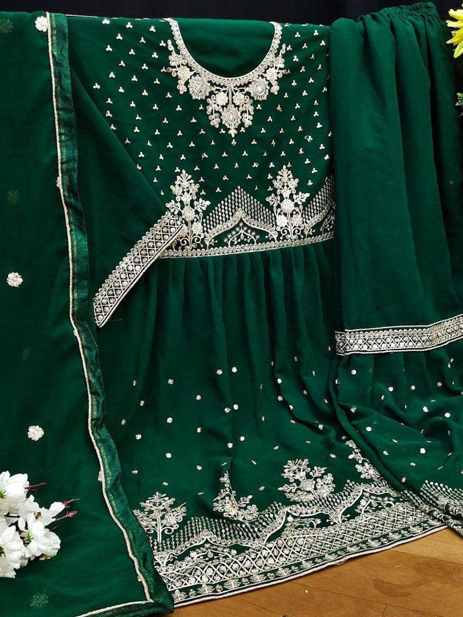 Green Georgette Embroidery Anarkali with Dupatta Set - Indiakreations