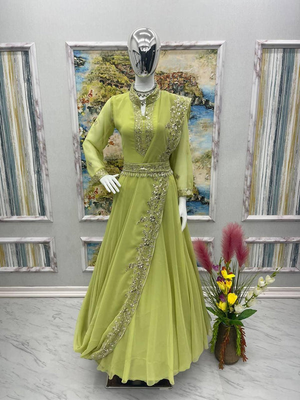 Green Georgette Embroidery Gown with Dupatta Set - Indiakreations