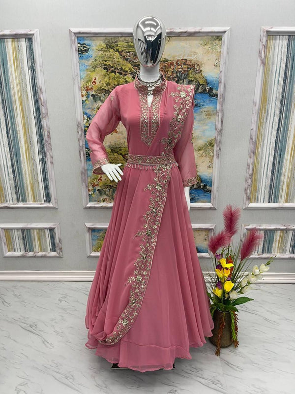 Pink Georgette Embroidery Gown with Dupatta Set - Indiakreations