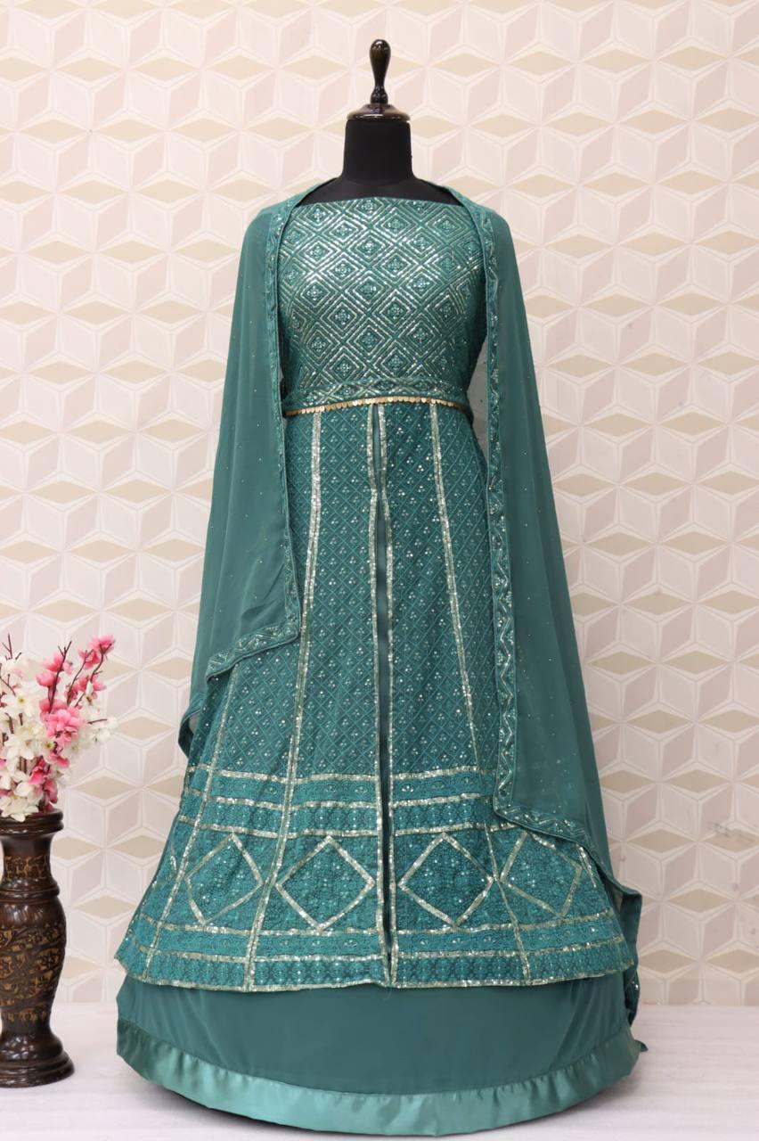 Sage Green Georgette Embroidery Anarkali With Dupatta Set - Indiakreations