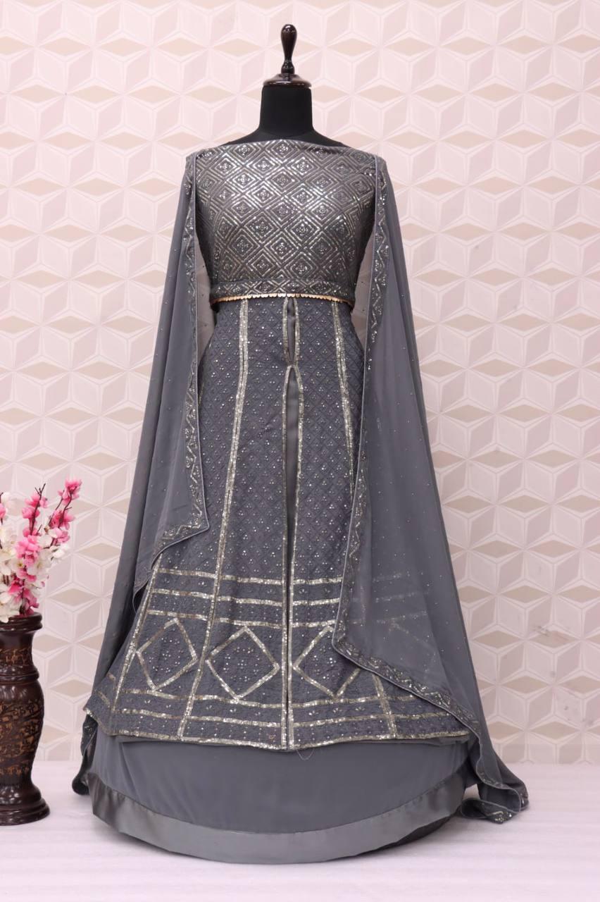 Grey Georgette Embroidery Anarkali With Dupatta Set - Indiakreations