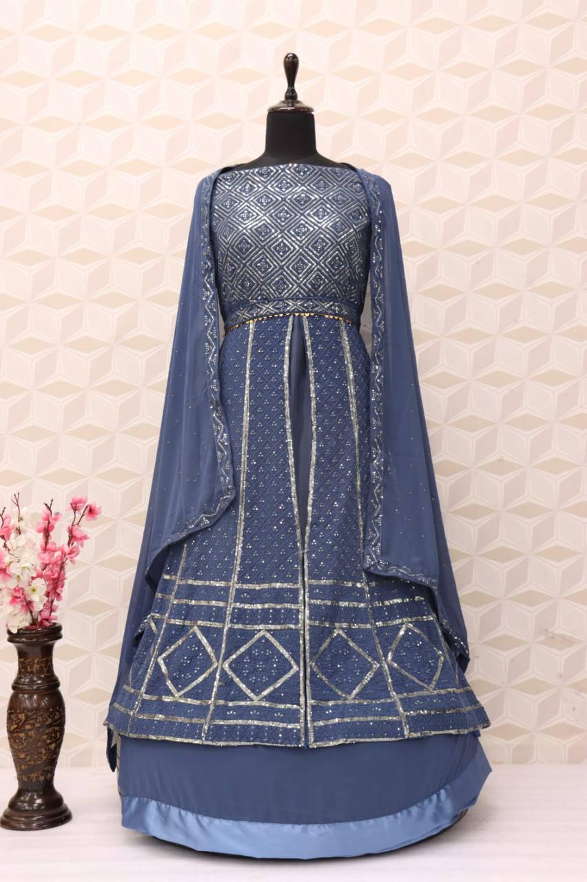 Blue Georgette Embroidery Anarkali With Dupatta Set - Indiakreations