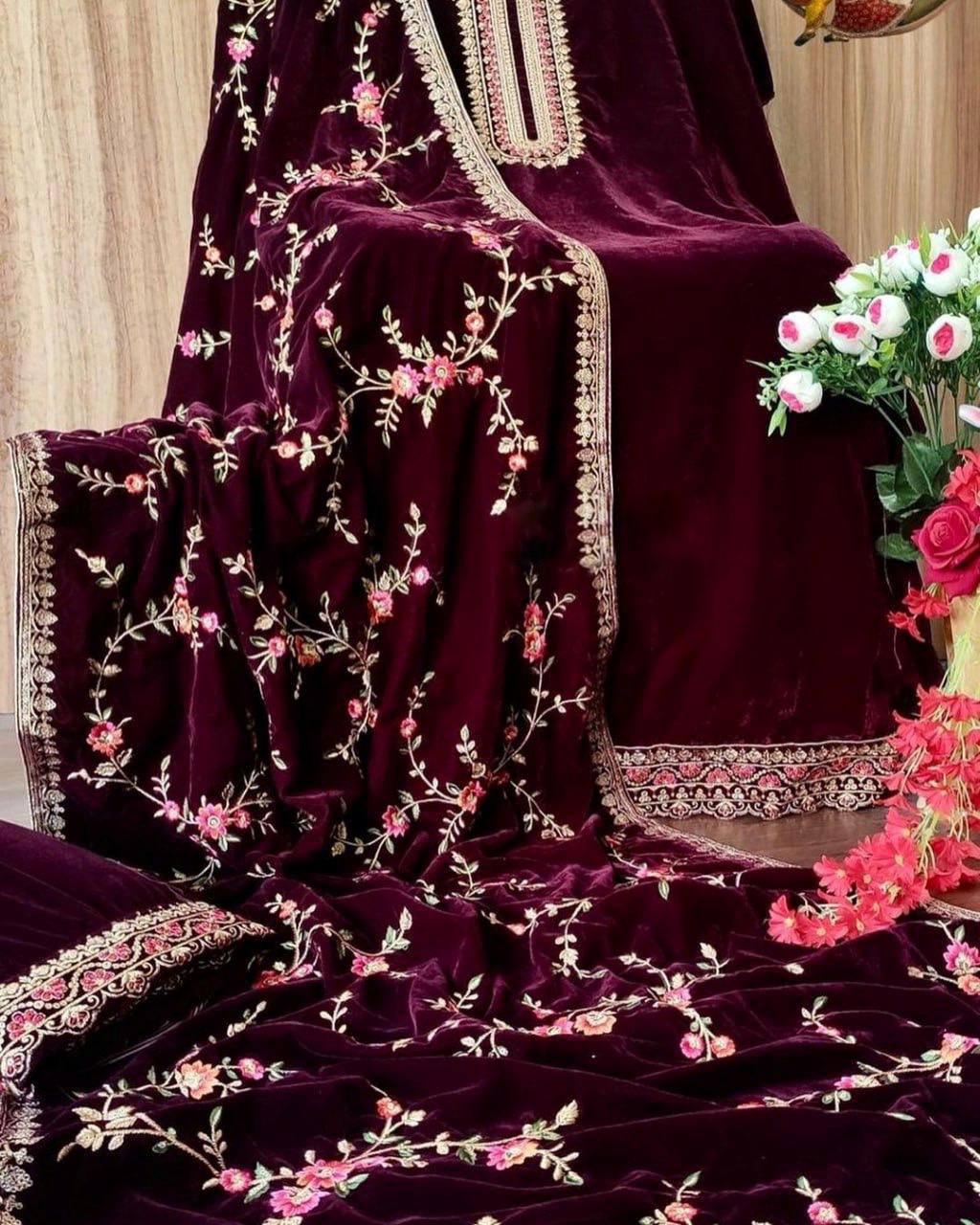 Maroon Viscose Velvet Embroidery Anarkali With Dupatta Set - Indiakreations