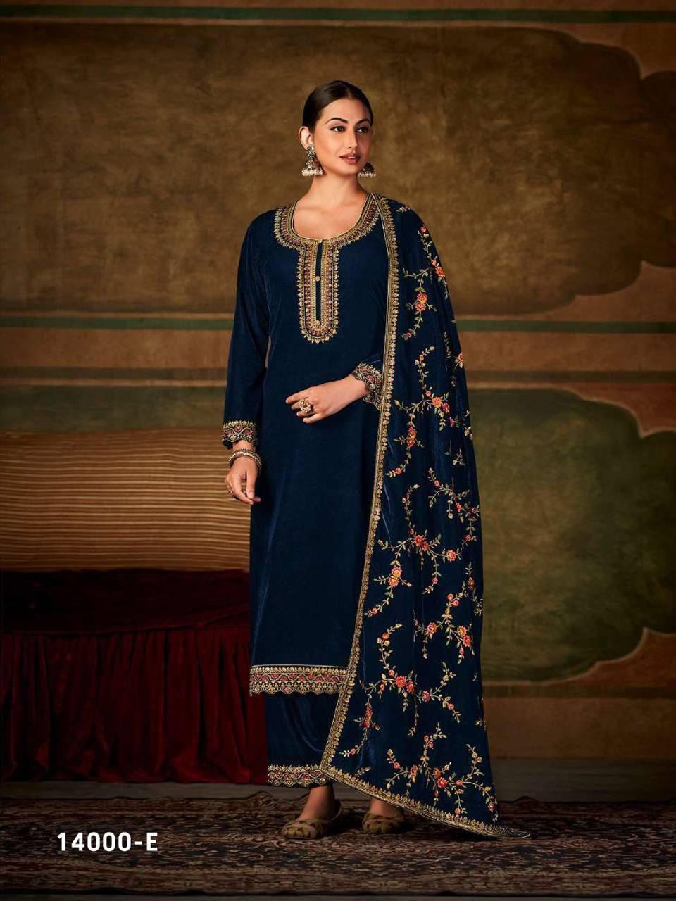 Blue Viscose Velvet Embroidery Anarkali With Dupatta Set - Indiakreations