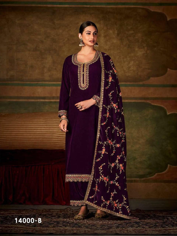 Wine Viscose Velvet Embroidery Anarkali With Dupatta Set - Indiakreations