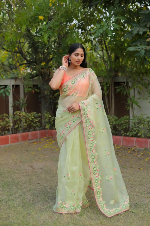 Yellow Floral Organza Embroidery Saree - Indiakreations