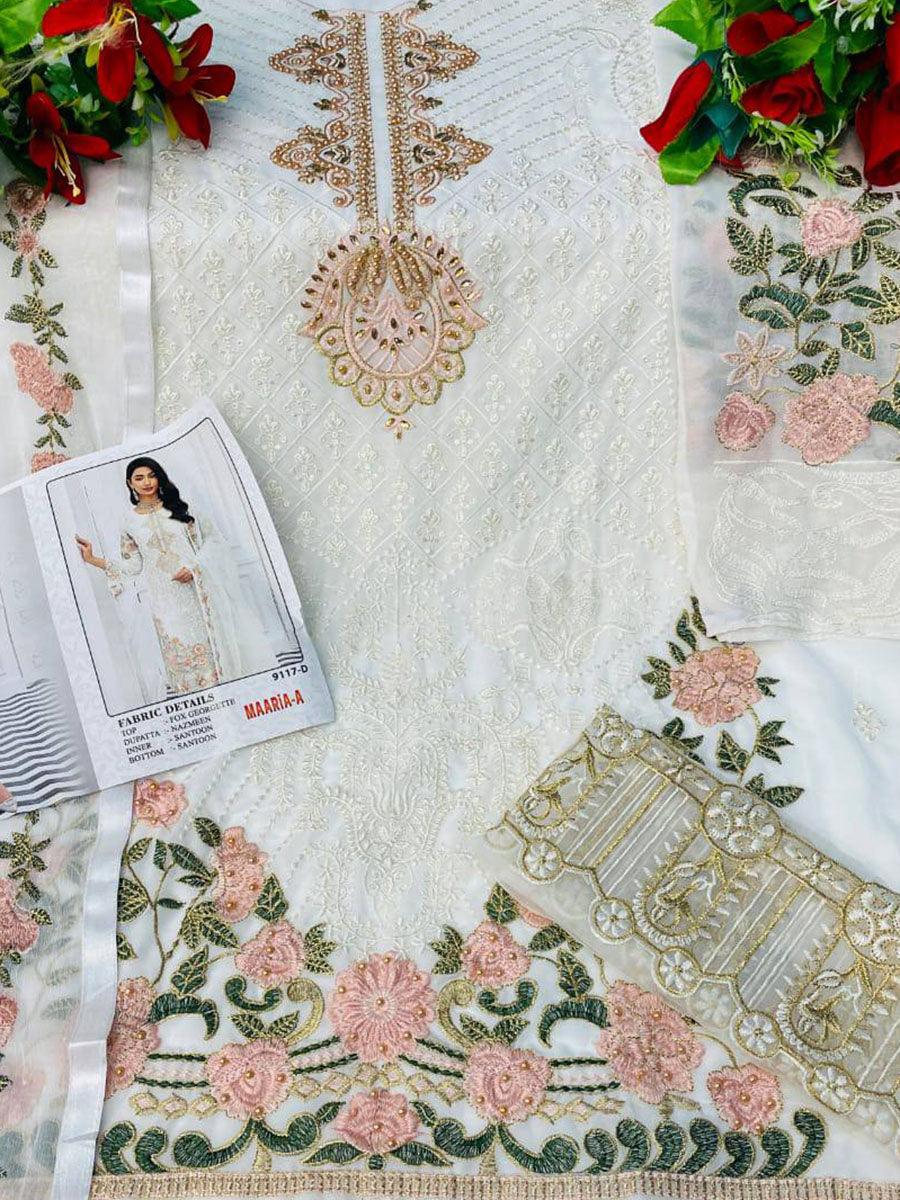 White Georgette Embroidery Anarkali with Dupatta Set - Indiakreations