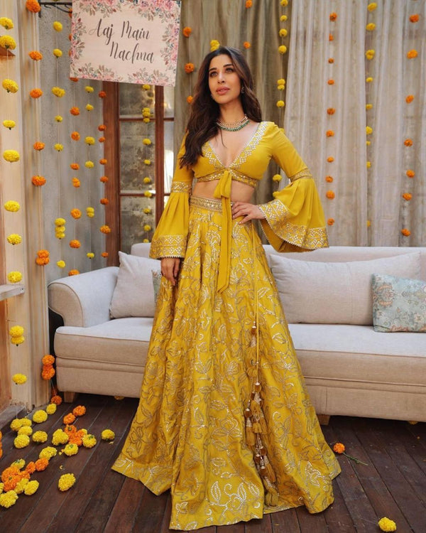 Yellow Georgette Embroidery Lehenga Choli with Dupatta Set - Indiakreations