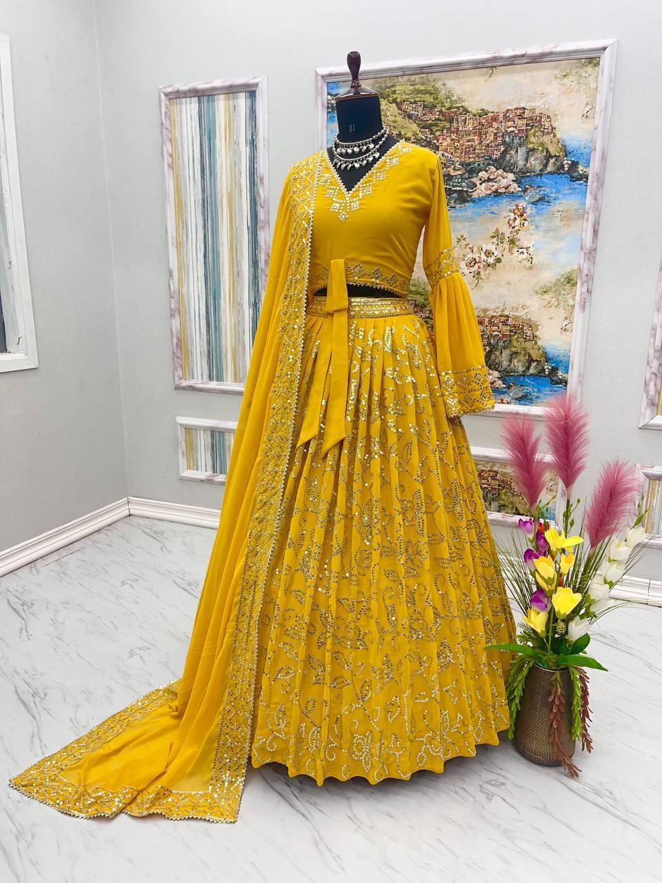 Yellow Georgette Embroidery Lehenga Choli with Dupatta Set - Indiakreations