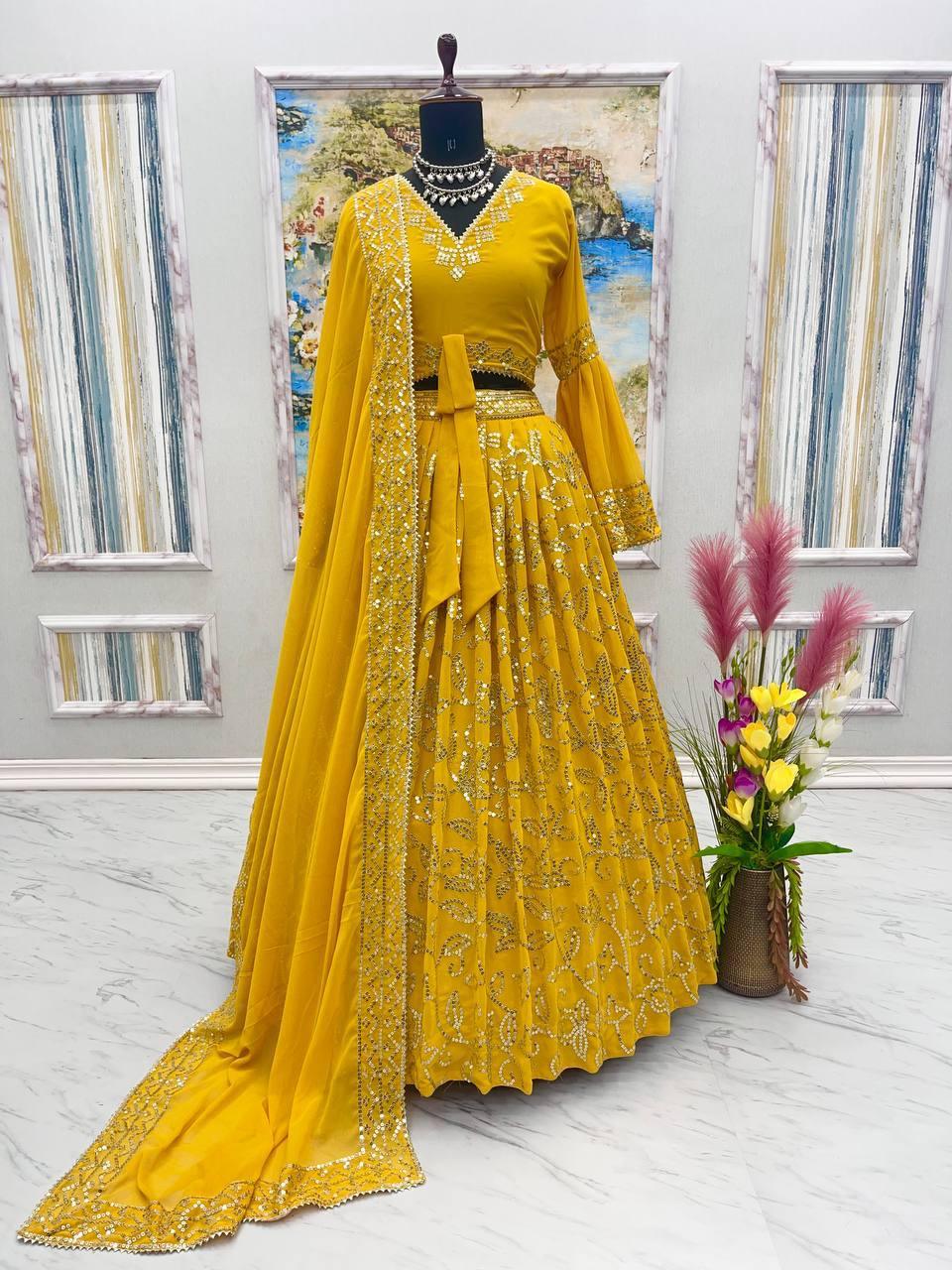 Yellow Georgette Embroidery Lehenga Choli with Dupatta Set - Indiakreations