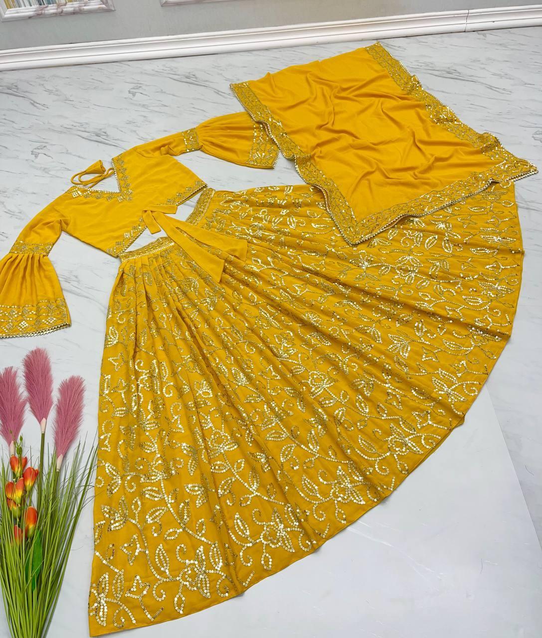 Yellow Georgette Embroidery Lehenga Choli with Dupatta Set - Indiakreations