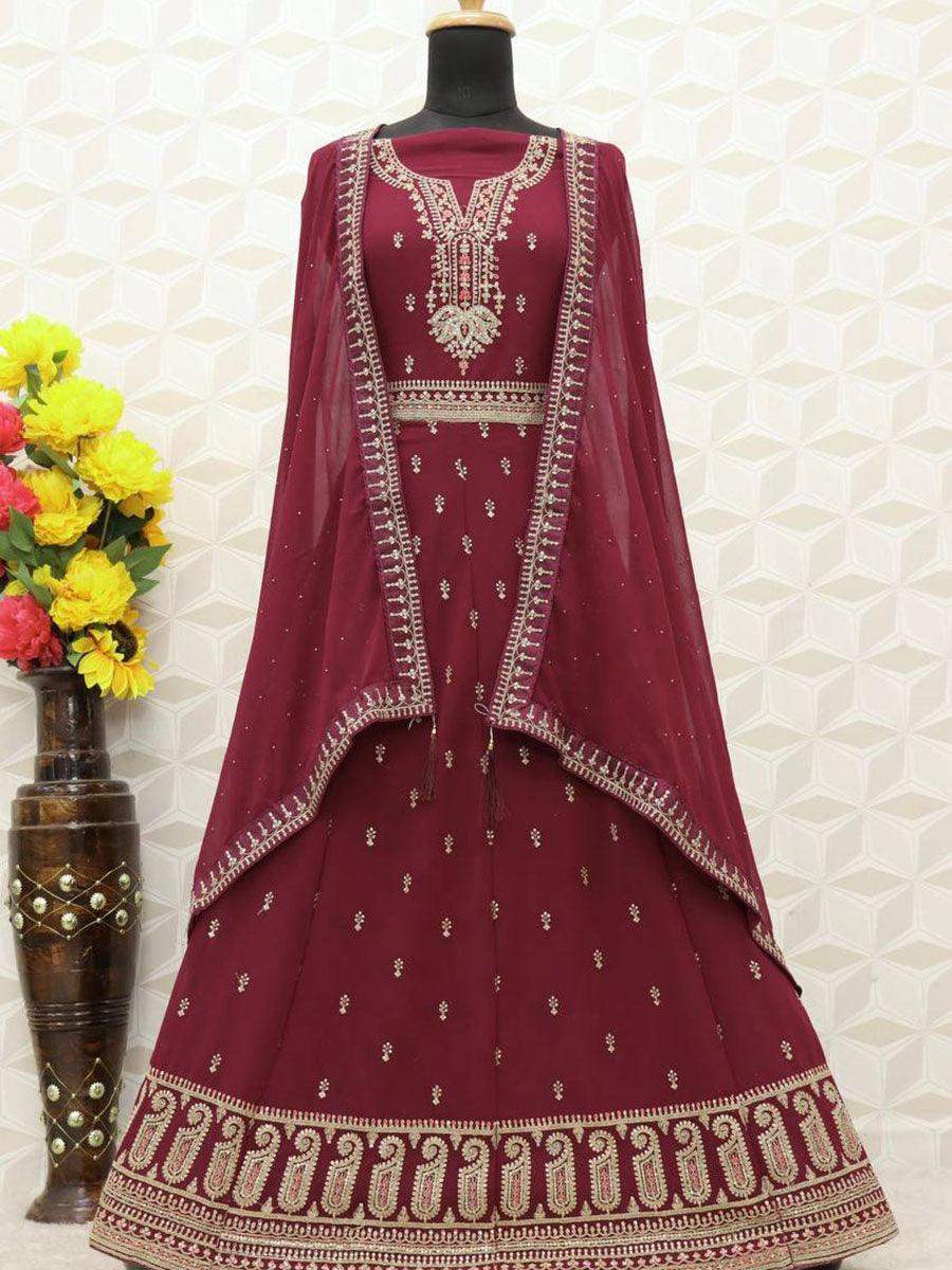 Maroon Georgette Embroidery Anarkali with Dupatta Set - Indiakreations