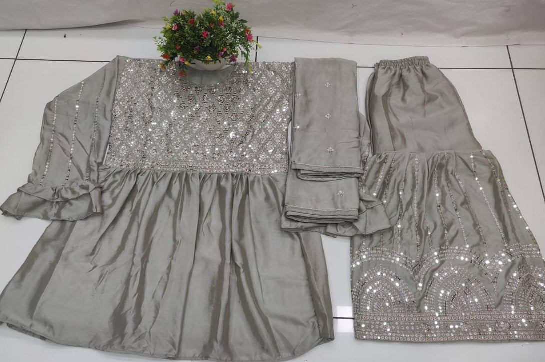 Grey Chinnon Embroidery Anarkali With Dupatta Set - Indiakreations