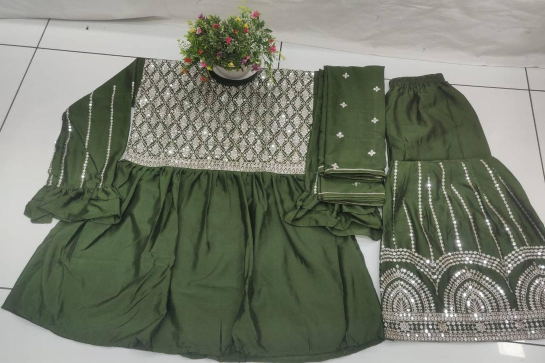 Green Chinnon Embroidery Anarkali With Dupatta Set - Indiakreations