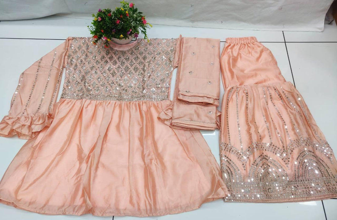 Peach Chinnon Embroidery Anarkali With Dupatta Set - Indiakreations