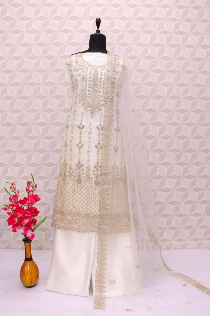 White Butterfly Net Embroidery Anarkali With Dupatta Set - Indiakreations