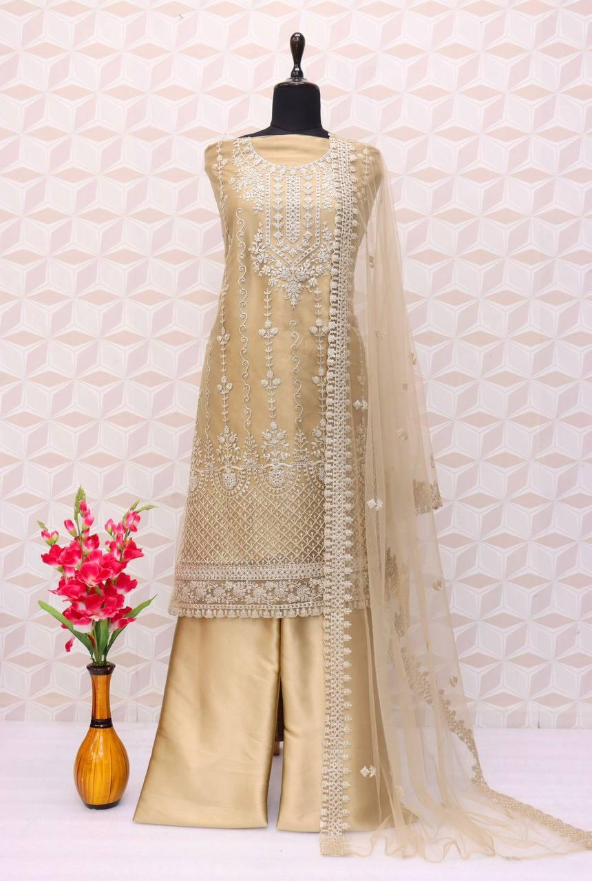 Beige Butterfly Net Embroidery Anarkali With Dupatta Set - Indiakreations