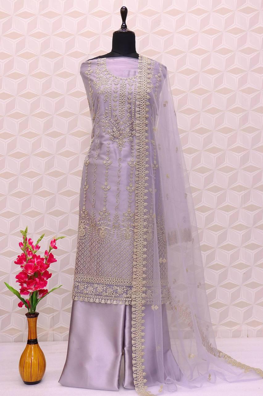 Heather Purple Butterfly Net Embroidery Anarkali With Dupatta Set - Indiakreations