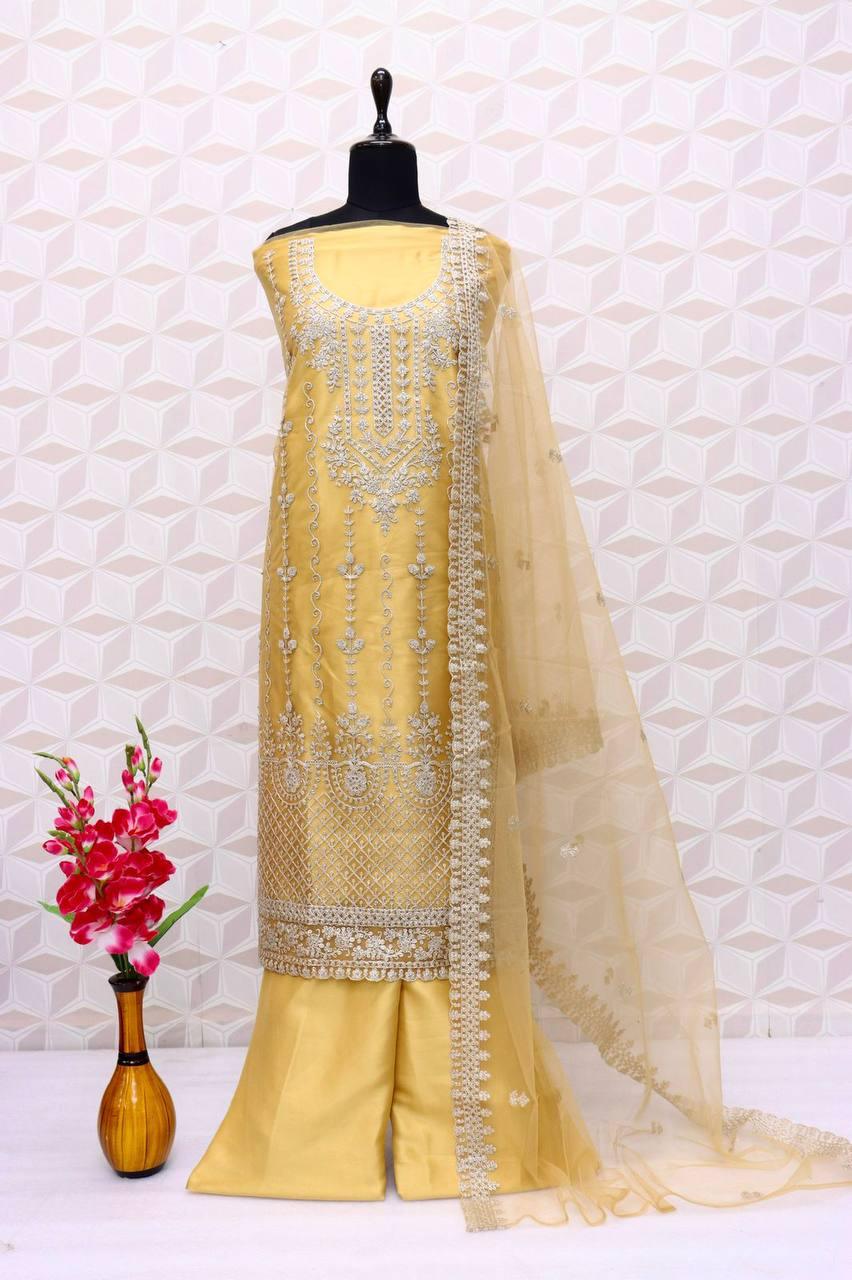 Yellow Butterfly Net Embroidery Anarkali With Dupatta Set - Indiakreations