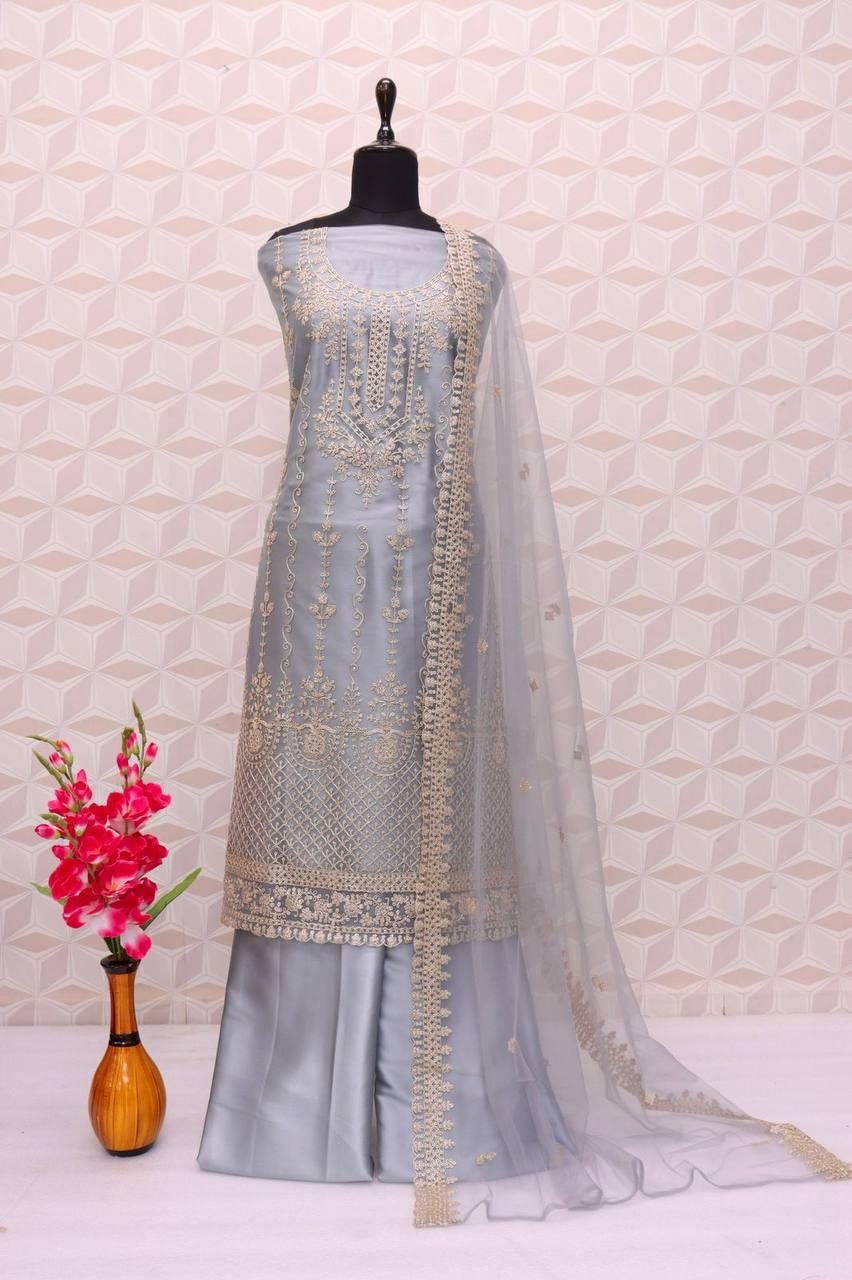 Grey Butterfly Net Embroidery Anarkali With Dupatta Set - Indiakreations