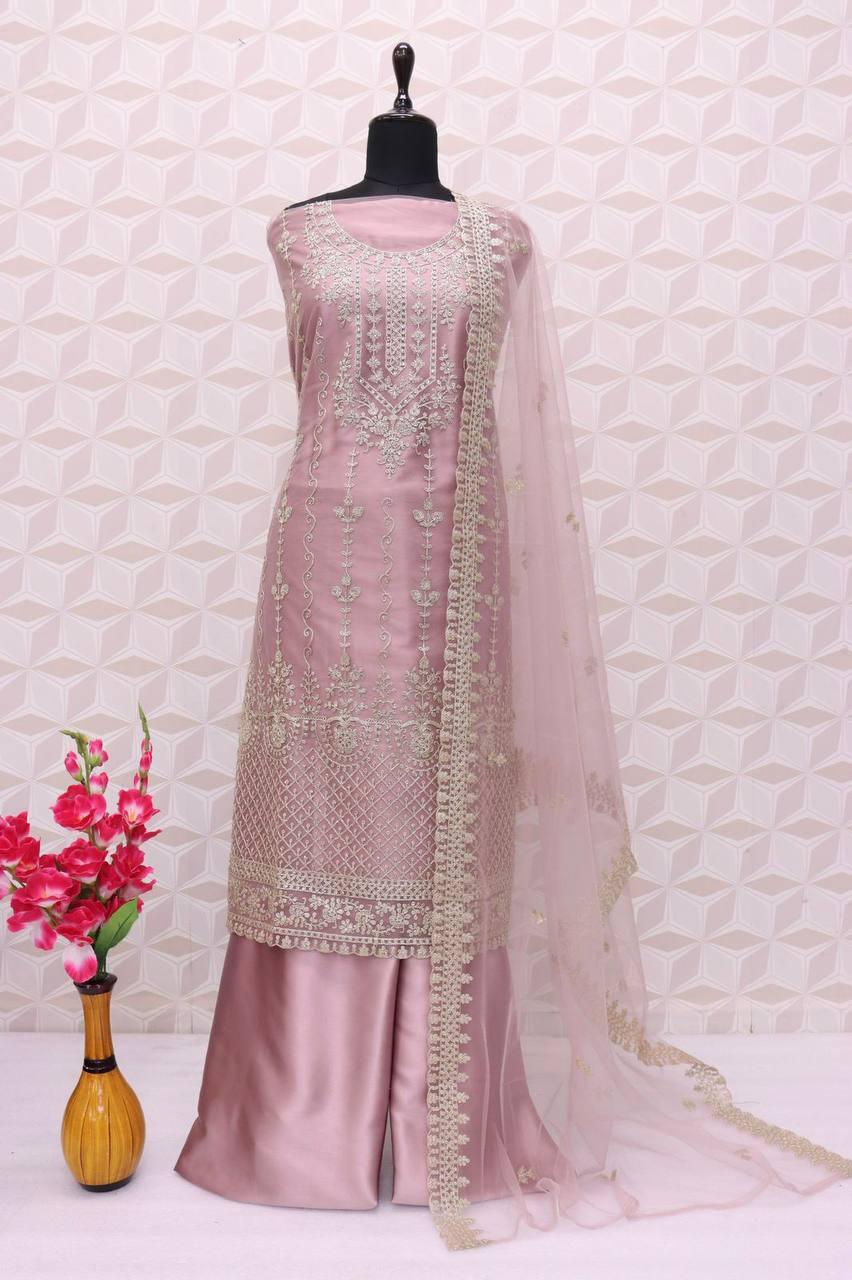 Mauve Purple Butterfly Net Embroidery Anarkali With Dupatta Set - Indiakreations