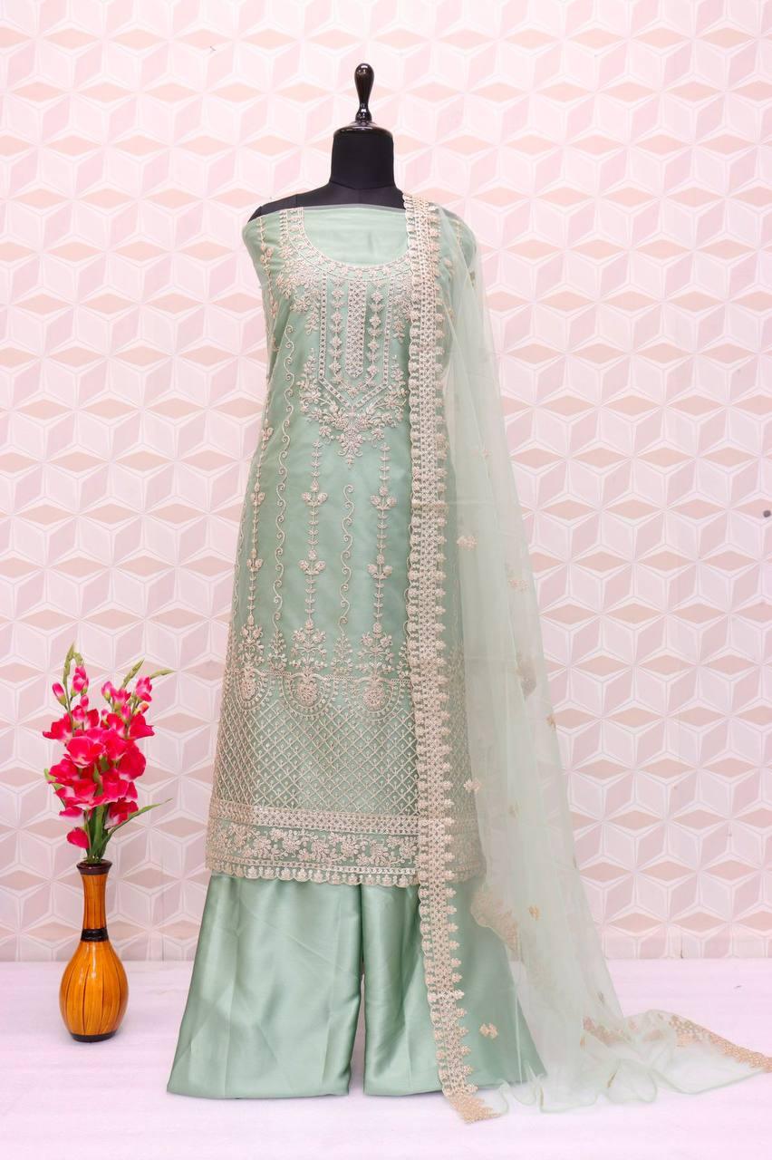 Sage Green Butterfly Net Embroidery Anarkali With Dupatta Set - Indiakreations