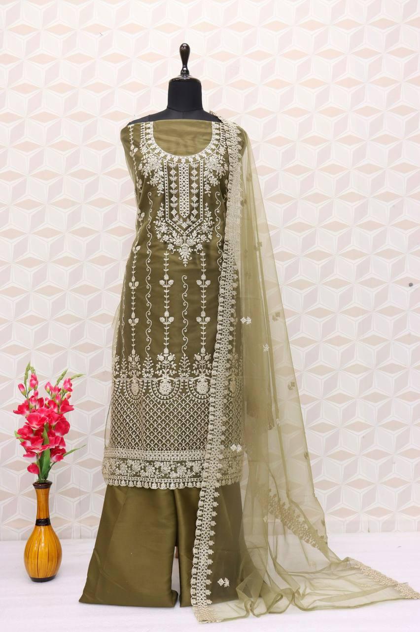 Olive Butterfly Net Embroidery Anarkali With Dupatta Set - Indiakreations