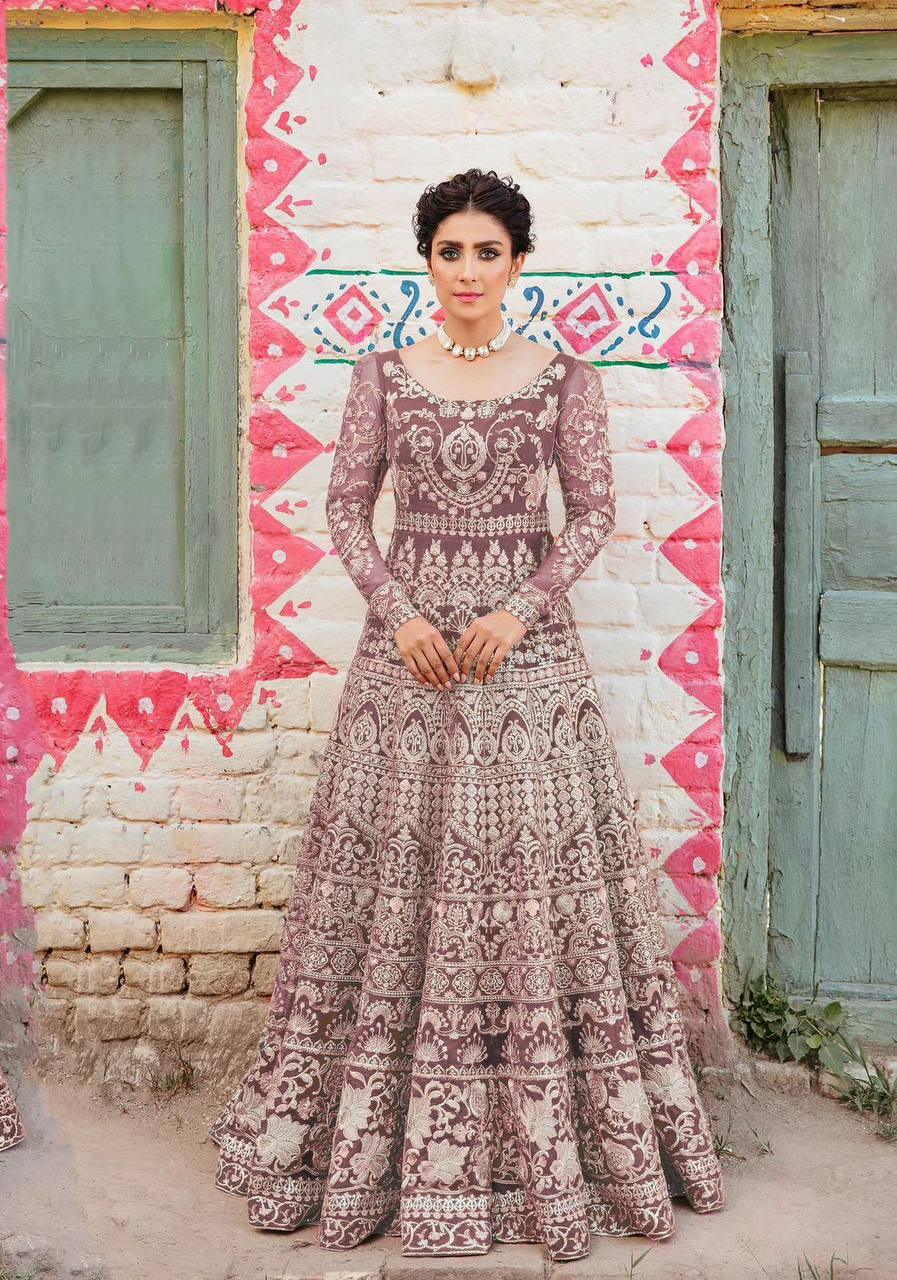 Dusty Pink Butterfly Net Embroidery Anarkali With Dupatta Set - Indiakreations