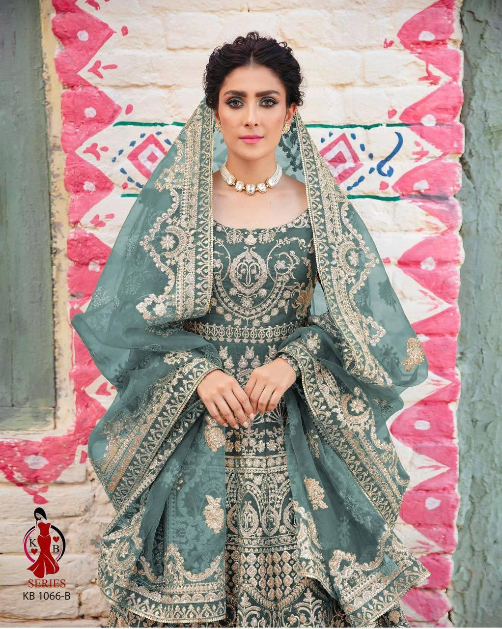 Sage Green Butterfly Net Embroidery Anarkali With Dupatta Set - Indiakreations