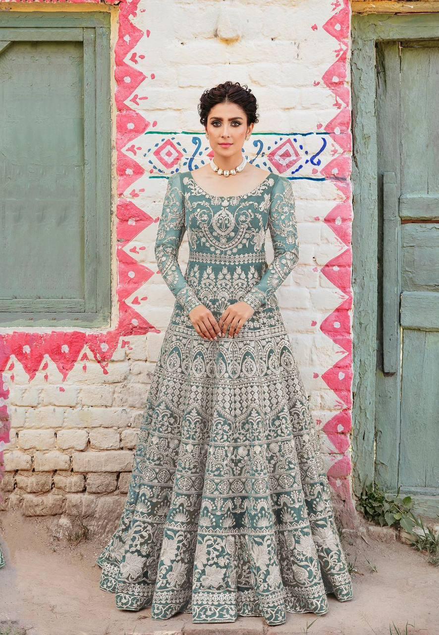 Sage Green Butterfly Net Embroidery Anarkali With Dupatta Set - Indiakreations