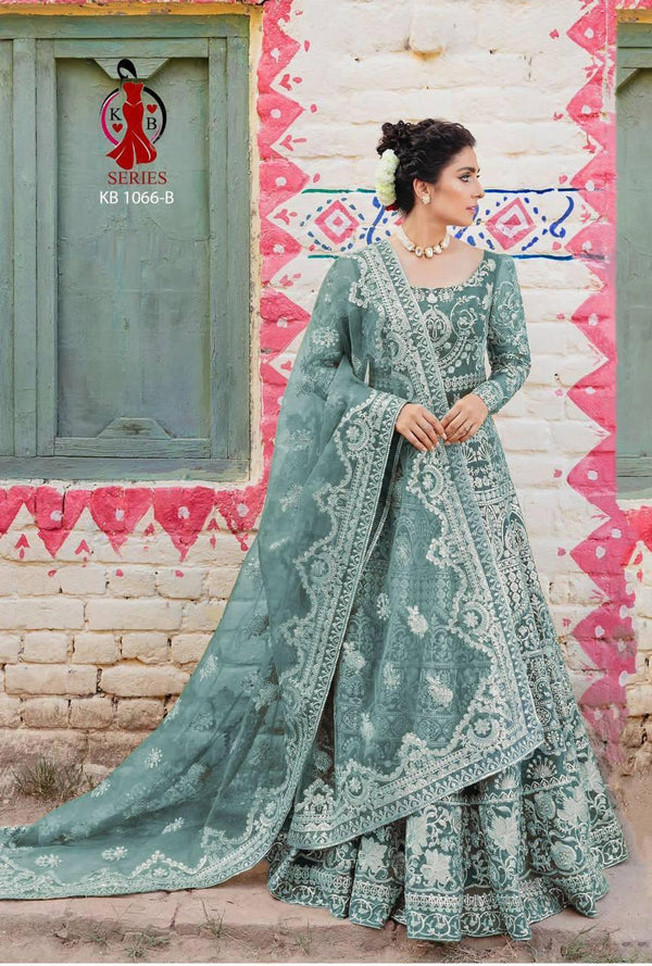 Sage Green Butterfly Net Embroidery Anarkali With Dupatta Set - Indiakreations