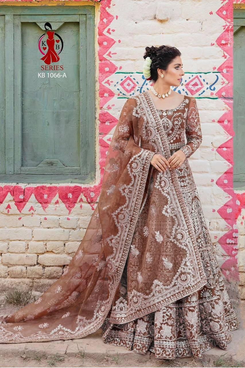 Brown Butterfly Net Embroidery Anarkali With Dupatta Set - Indiakreations