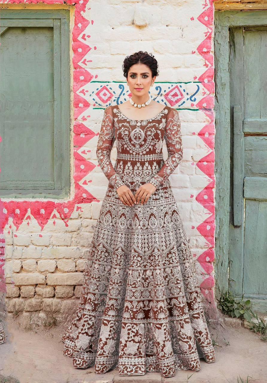 Brown Butterfly Net Embroidery Anarkali With Dupatta Set - Indiakreations