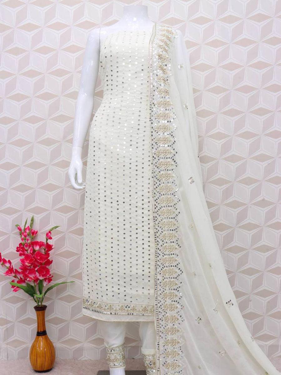 White Georgette Embroidery Anarkali with Dupatta Set - Indiakreations