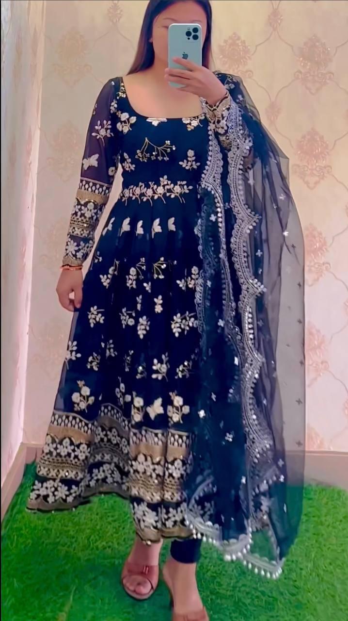 Dark Blue Georgette Embroidery Salwar Suit with Dupatta - Indiakreations