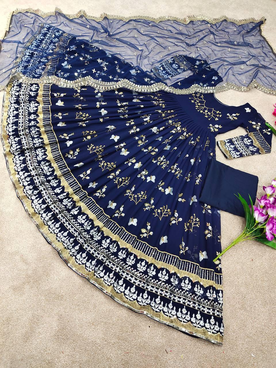 Dark Blue Georgette Embroidery Salwar Suit with Dupatta - Indiakreations