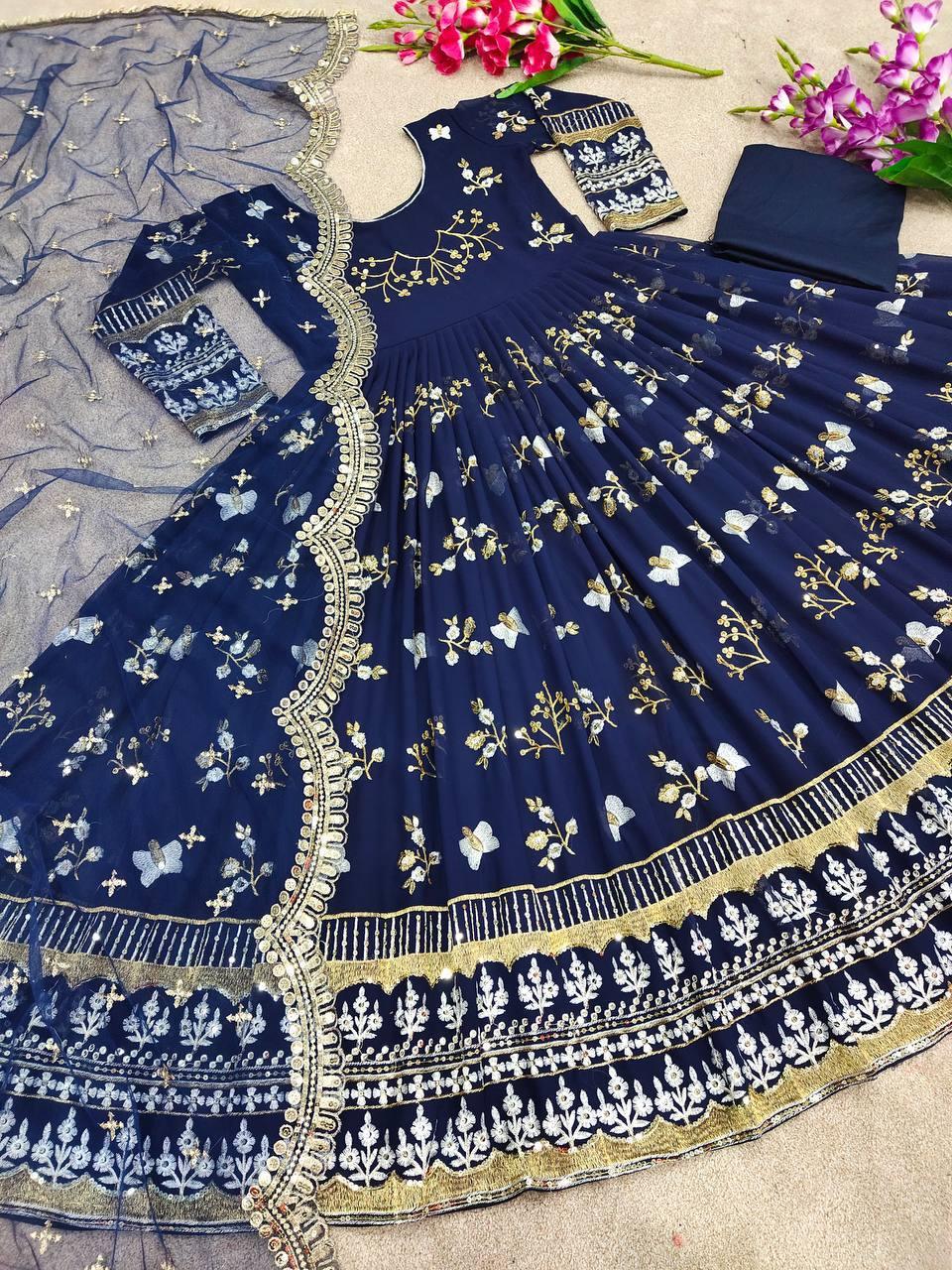 Dark Blue Georgette Embroidery Salwar Suit with Dupatta - Indiakreations