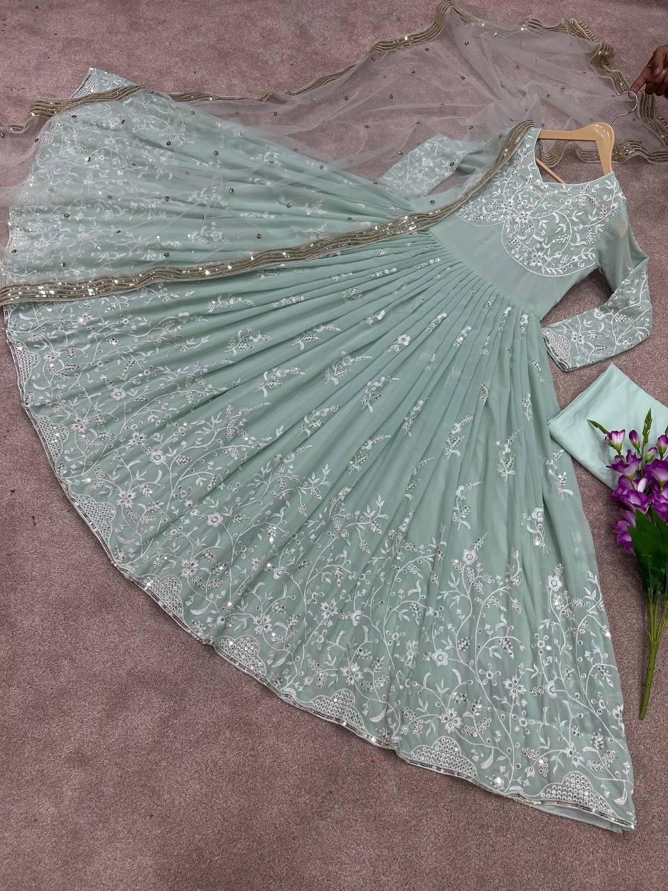 Mint Green Georgette Embroidery Salwar Suit with Dupatta - Indiakreations