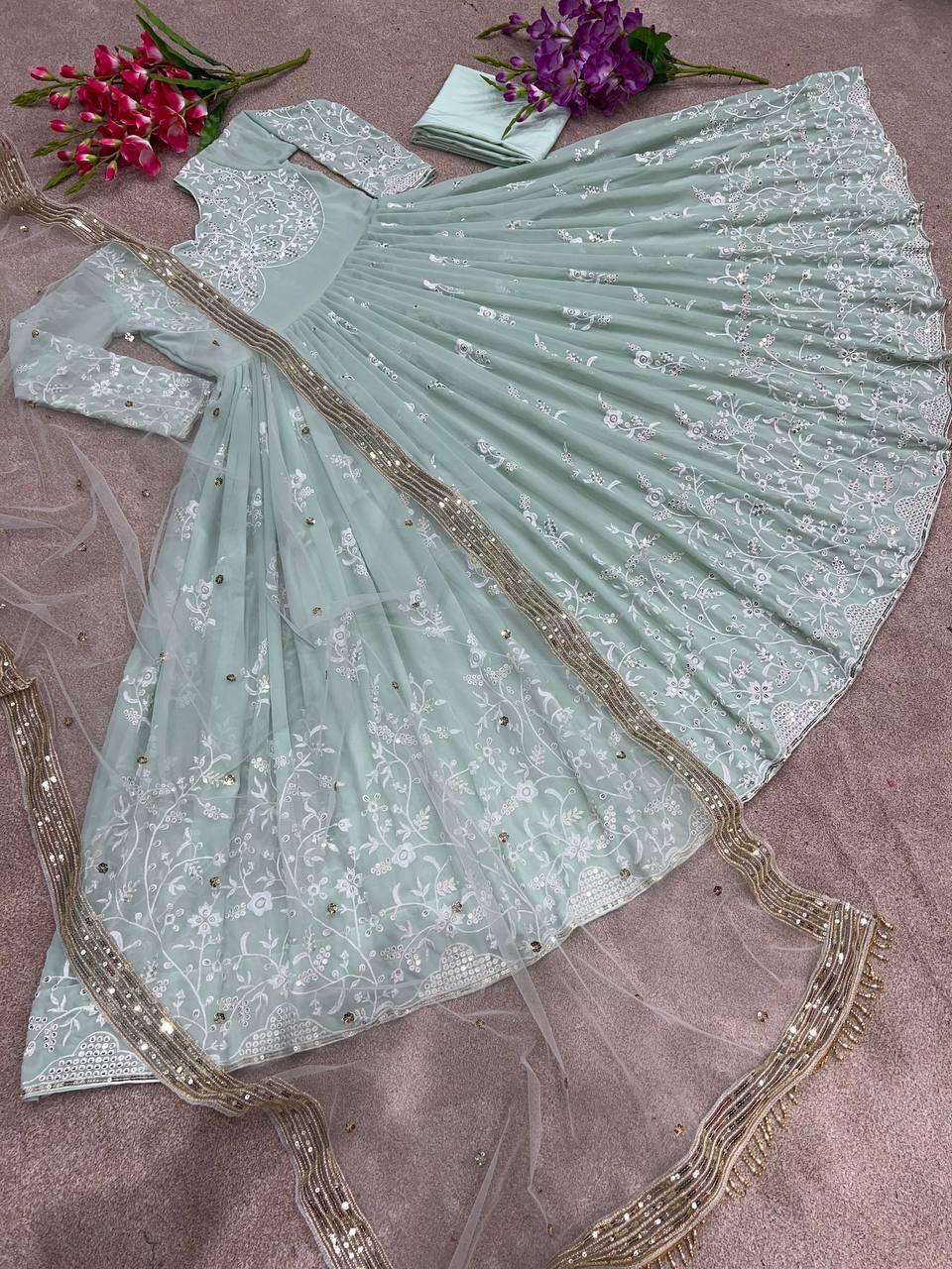 Mint Green Georgette Embroidery Salwar Suit with Dupatta - Indiakreations