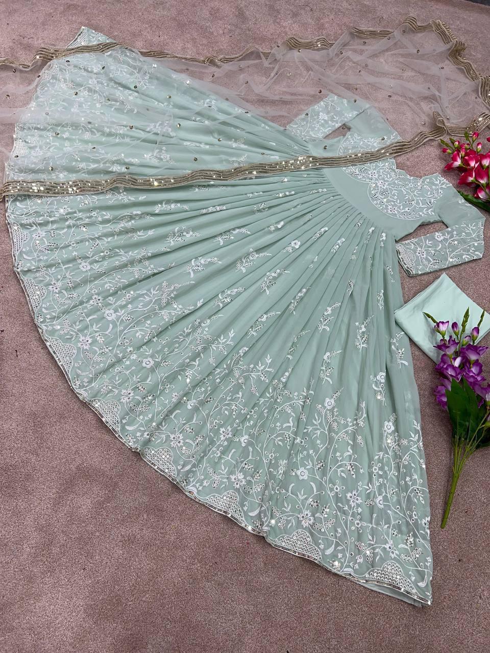 Mint Green Georgette Embroidery Salwar Suit with Dupatta - Indiakreations